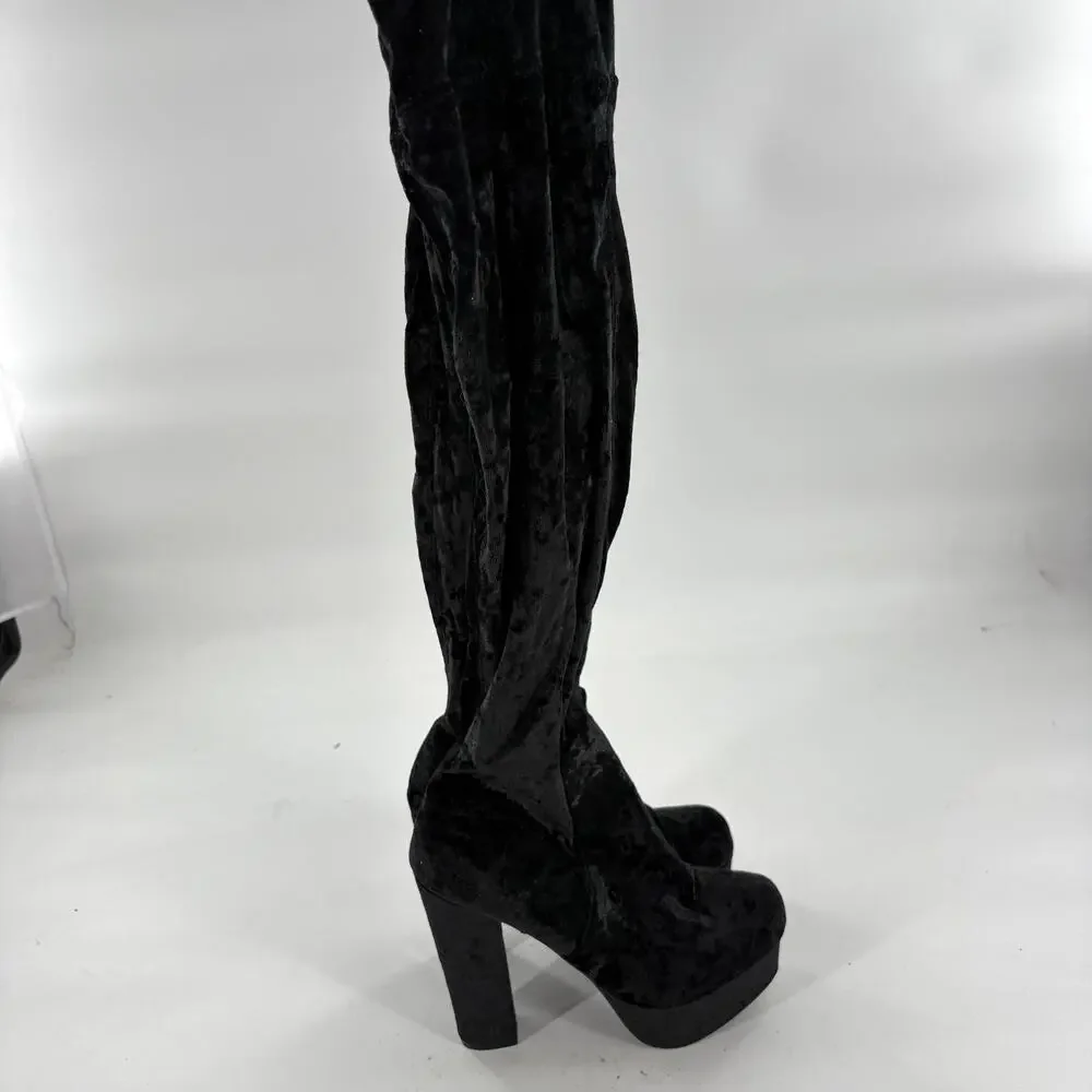 Cape Robbin Crushed Velvet Platform Boots 5.5 Black WhimsiGoth Tall Over Knee